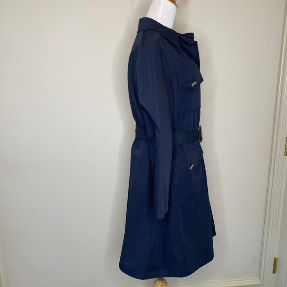 Navy Blue Vintage 70s 80s Trench Coat Horn Button Style Belted Classic Medium - Picture 4 of 15
